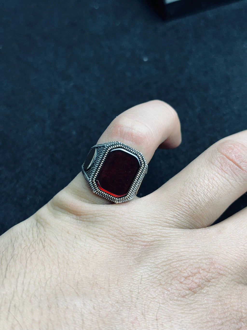 Red Aqeeq Men's Ring - Square Agate, Handmade Silver