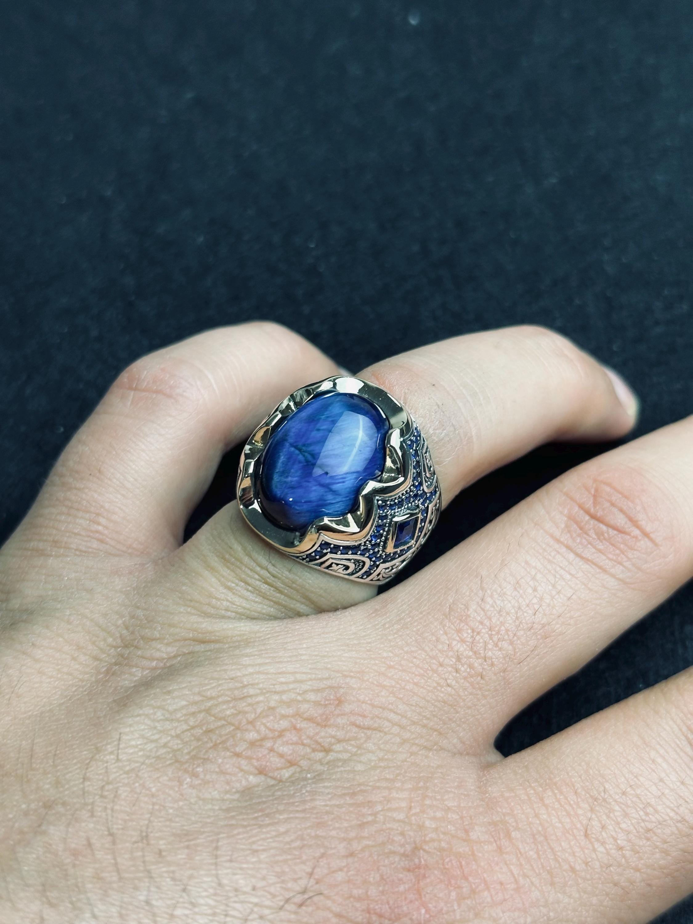 Men's Sapphire Ring: Oxidized Silver - Handmade Statement Jewelry
