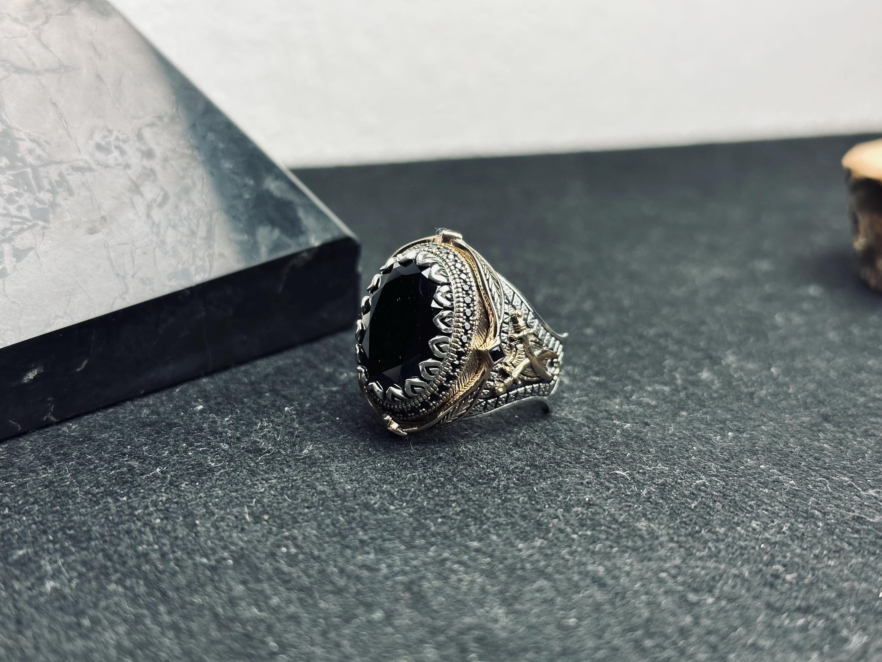 Black Zircon Men’s Ring - Unique Handmade Turkish Silver