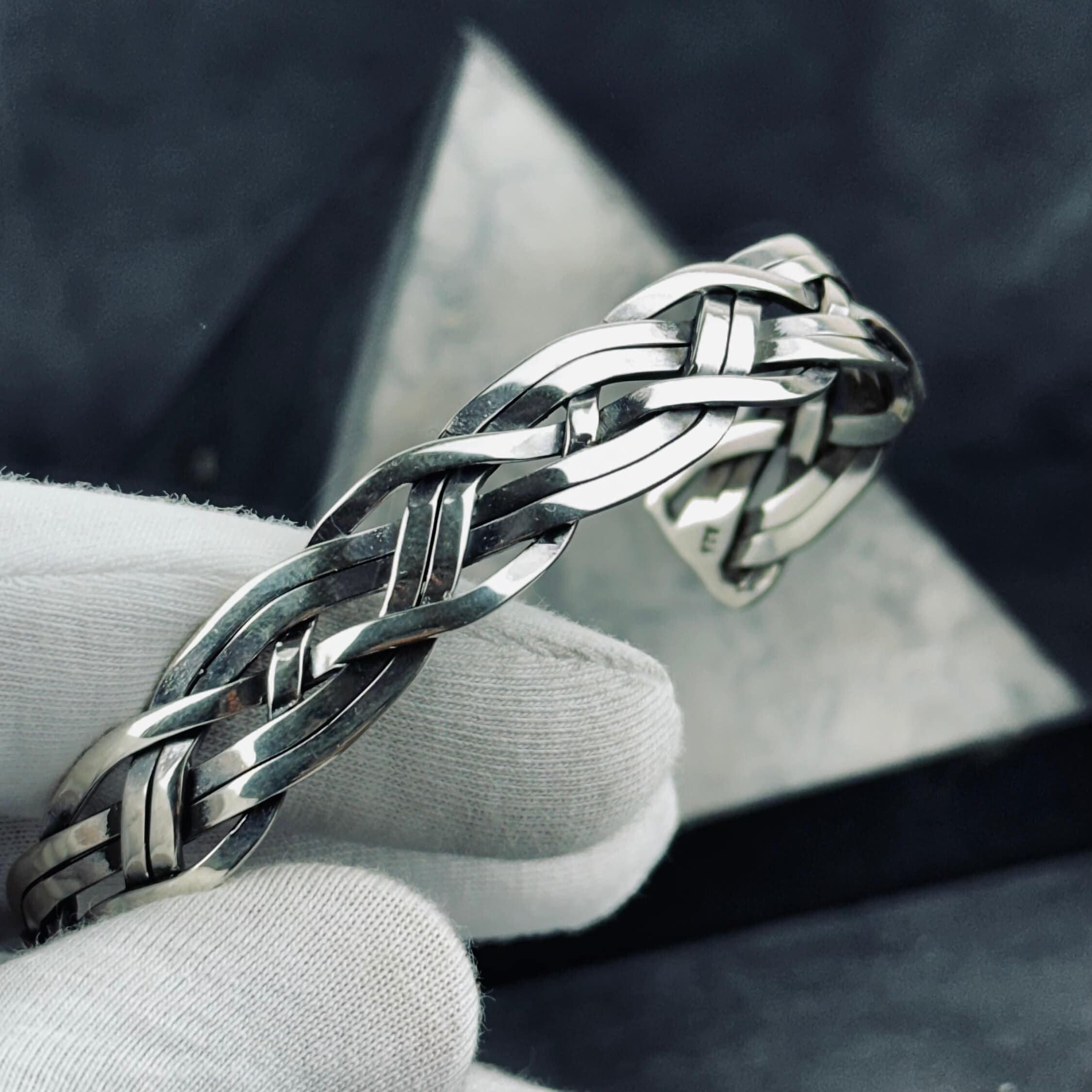 Knitted Silver Cuff Bracelet: Handmade Adjustable Braid (Sterling 925)