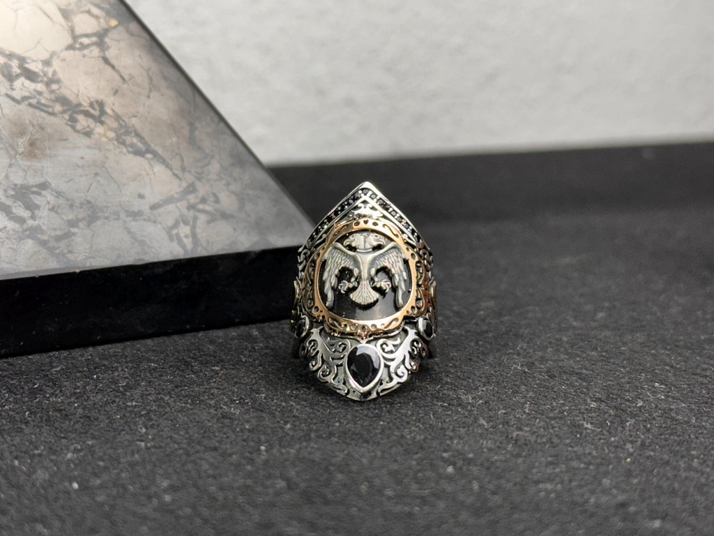 Double Headed Eagle Silver Ring, Handmade Thumb Band (Sterling 925)