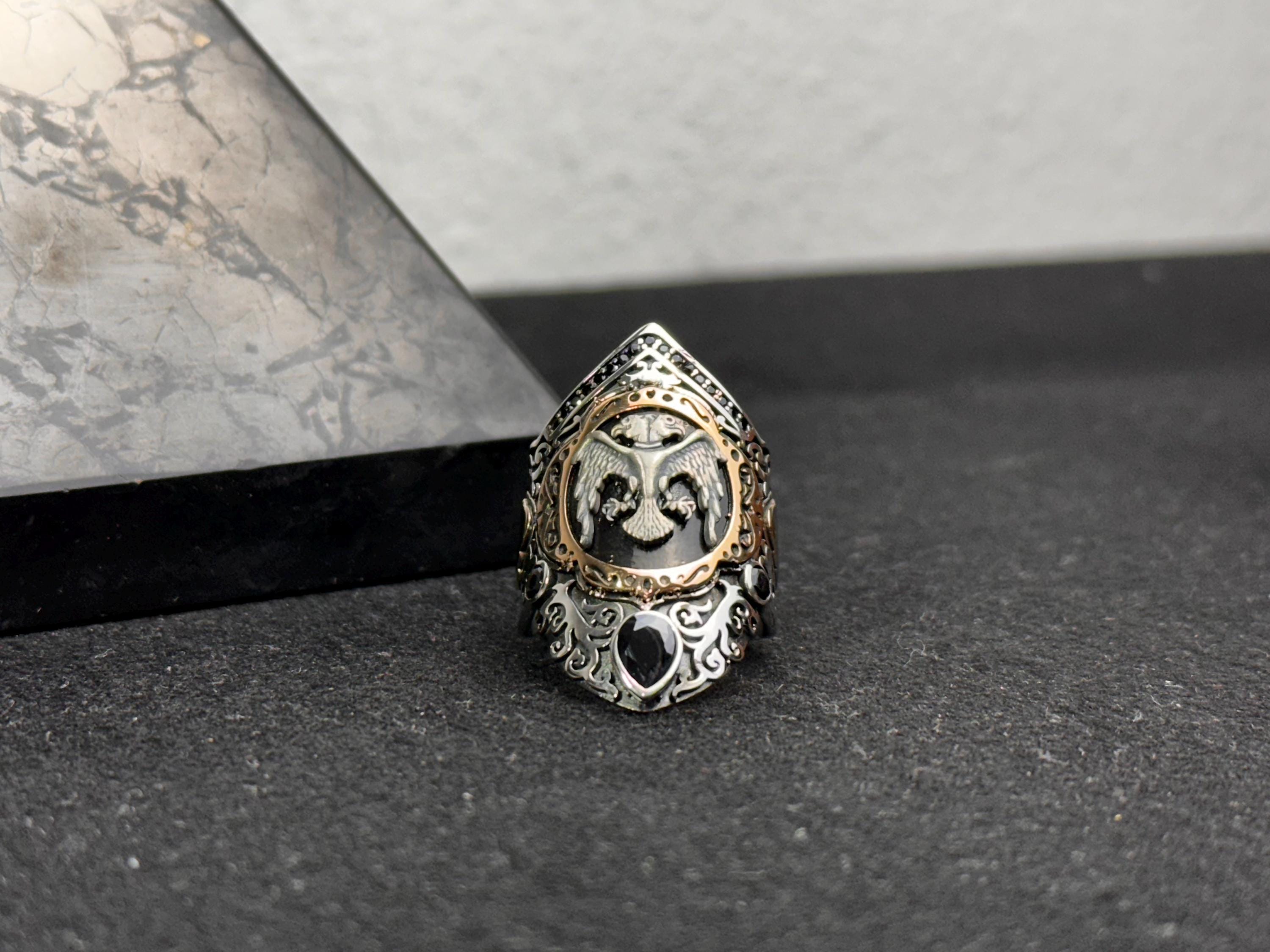 Double Headed Eagle Silver Ring, Handmade Thumb Band (Sterling 925)