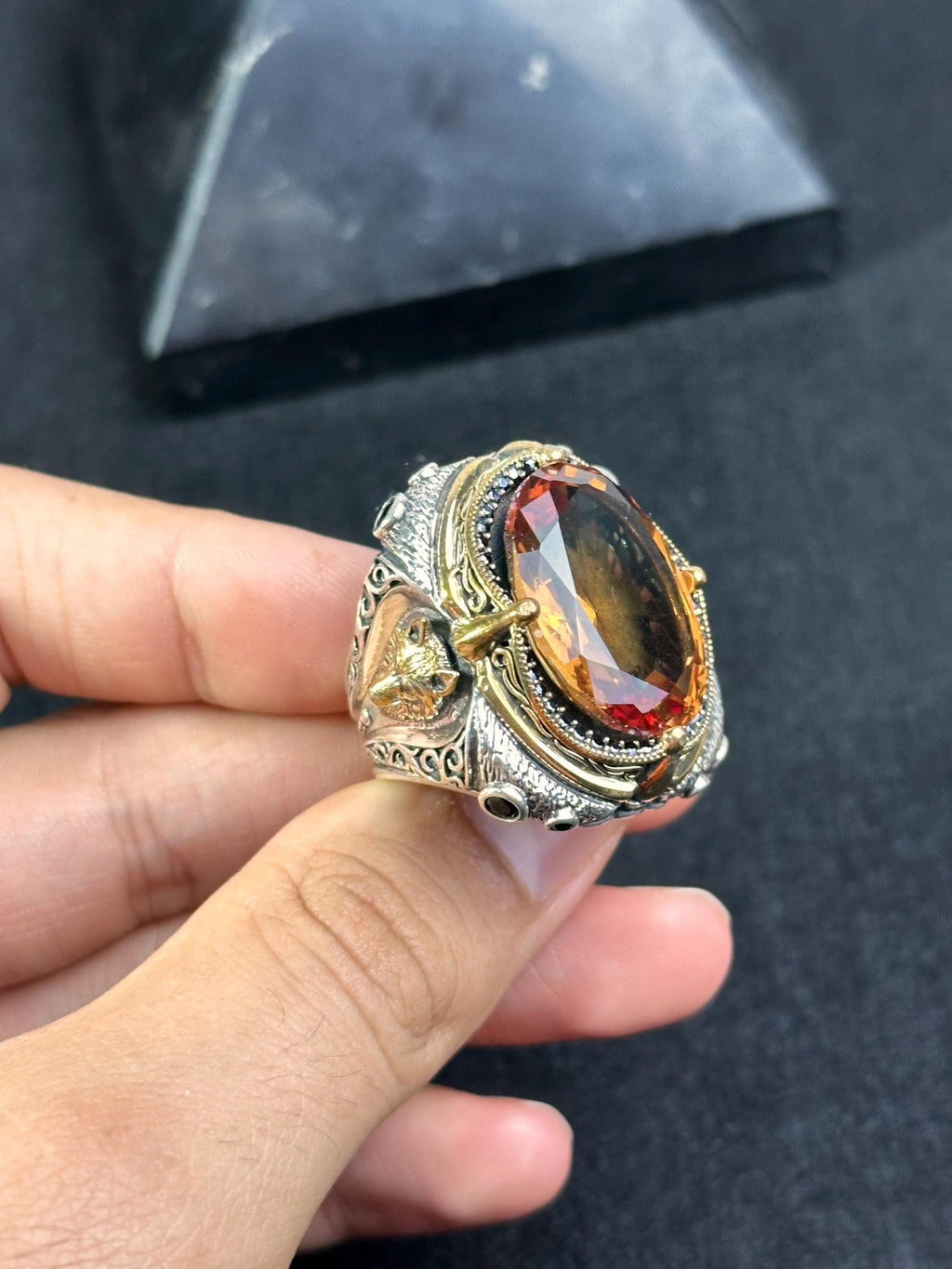 Large Sultanit Ring - Sterling Silver with Wolf Design