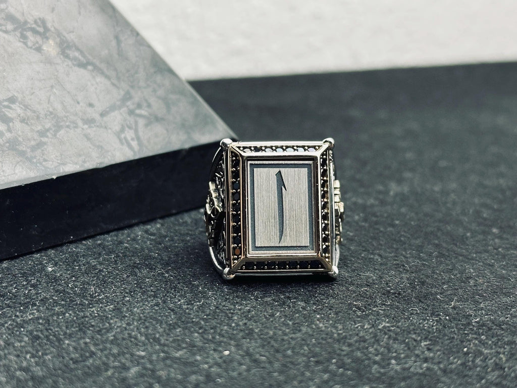 Square Elif Vav Ring: Turkish Sterling Silver - Ottoman Calligraphy Design
