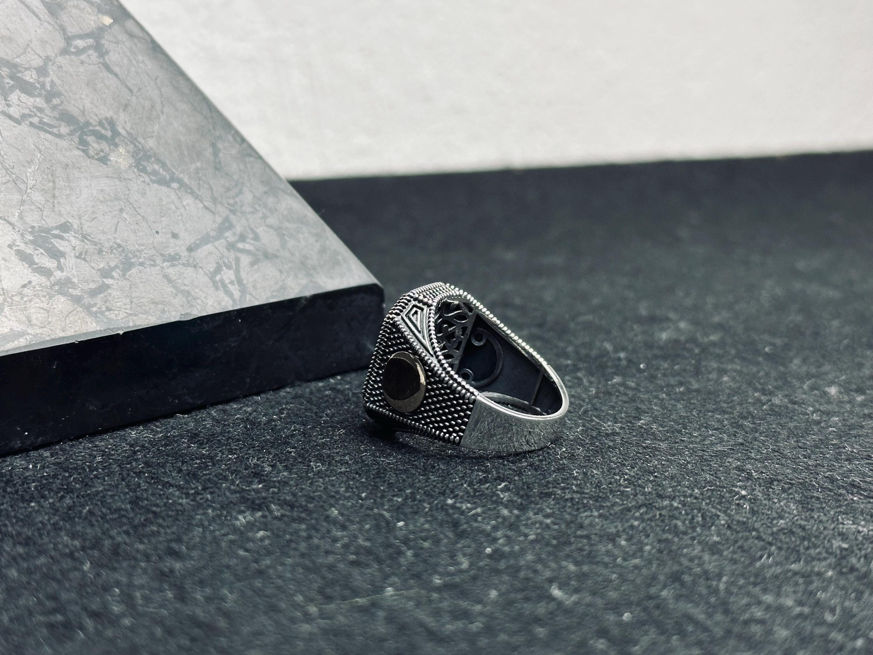 Turquoise Statement Ring - Sterling Silver, Engraved Design