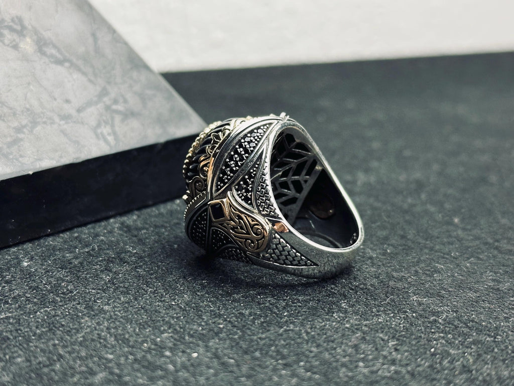 Men's Sterling Silver Ring: Turkish Moon Star - Handmade Oval Band