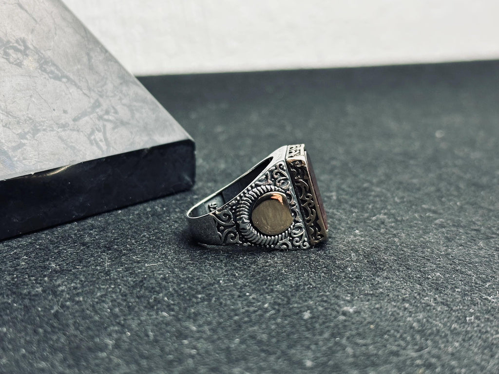 Sterling Silver Men's Amber Ring - Handmade Turkish Baltic Stone