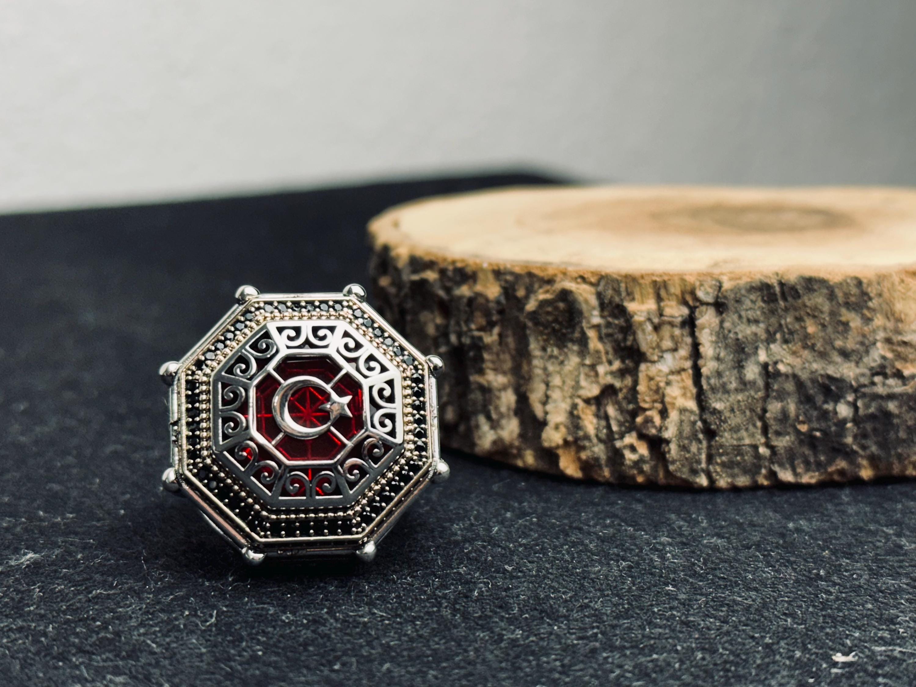 Red Stone Moon Star Ring, 925 Sterling Silver, Turkish Handmade Jewelry