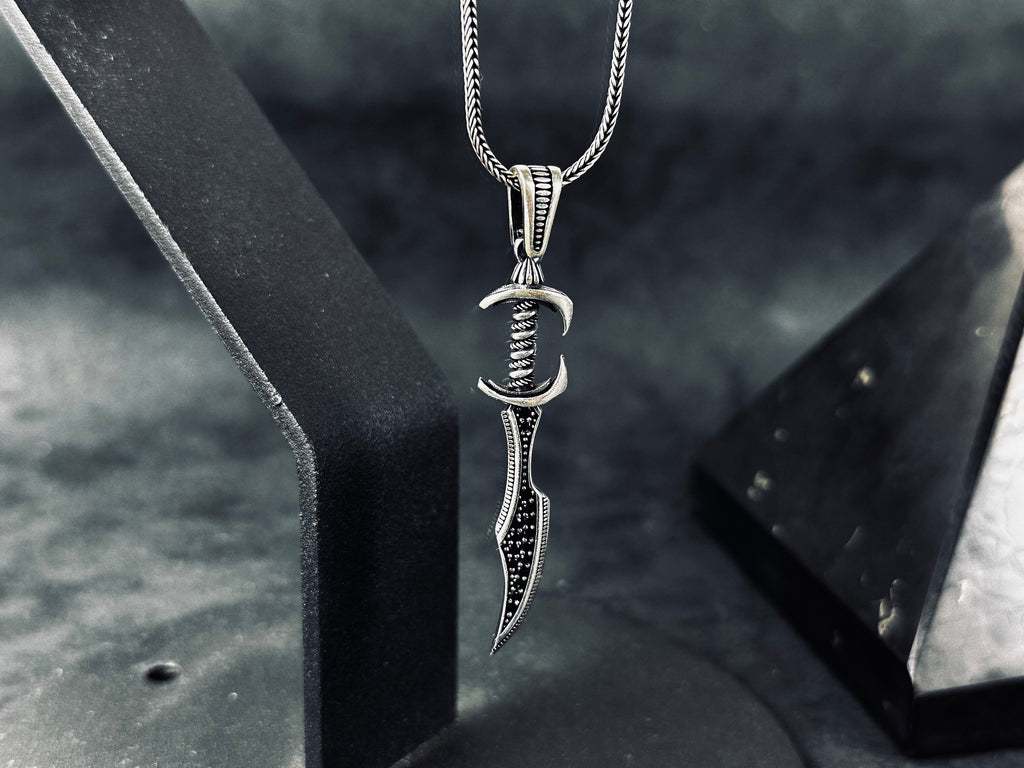 Silver Assassin Dagger Necklace - Detailed Zircon Pendant