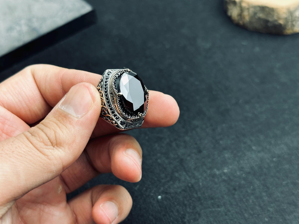 Black Zircon Men's Ring: Sterling Silver Zulfiqar Sword