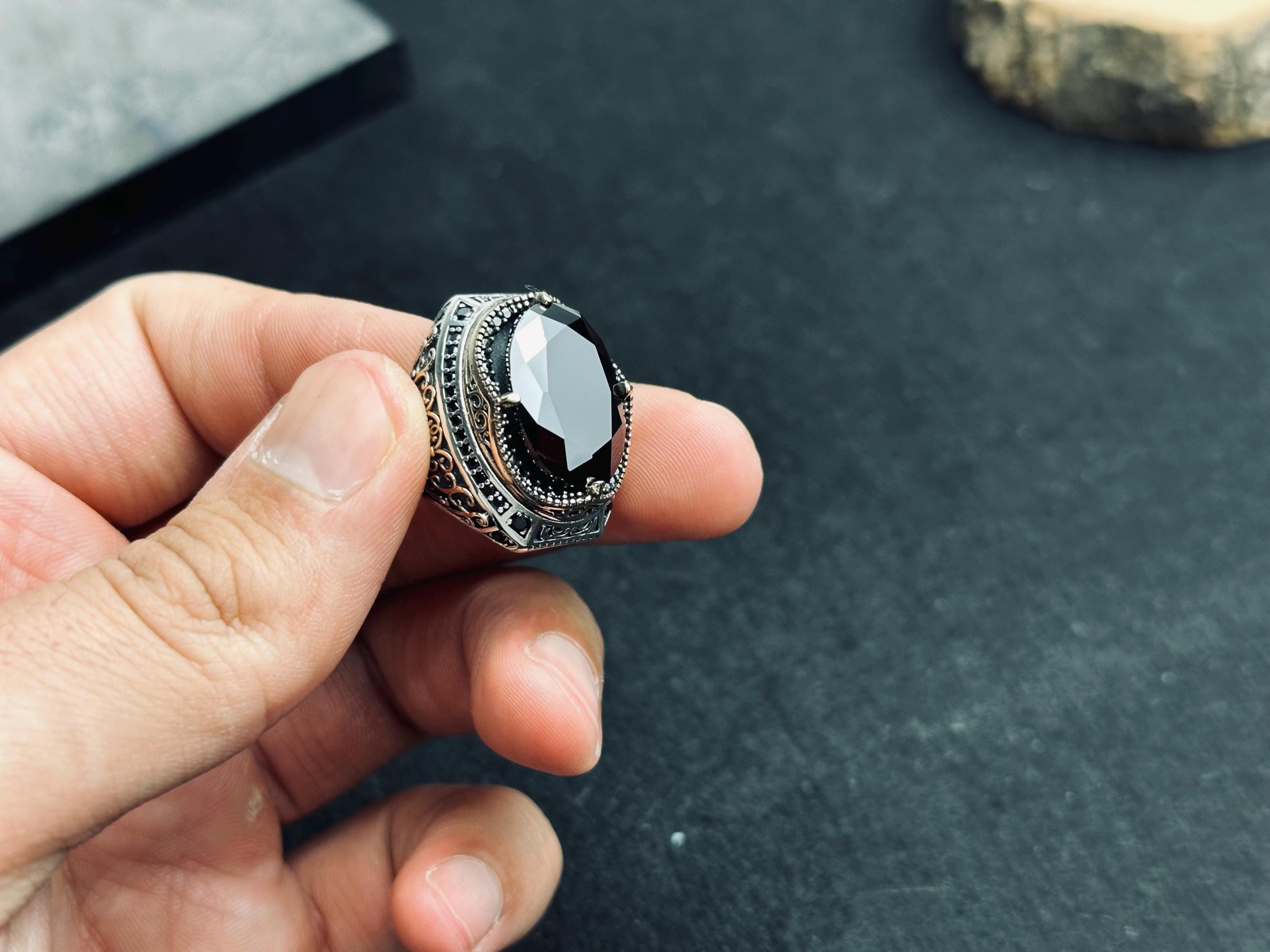 Black Zircon Men's Ring: Sterling Silver Zulfiqar Sword
