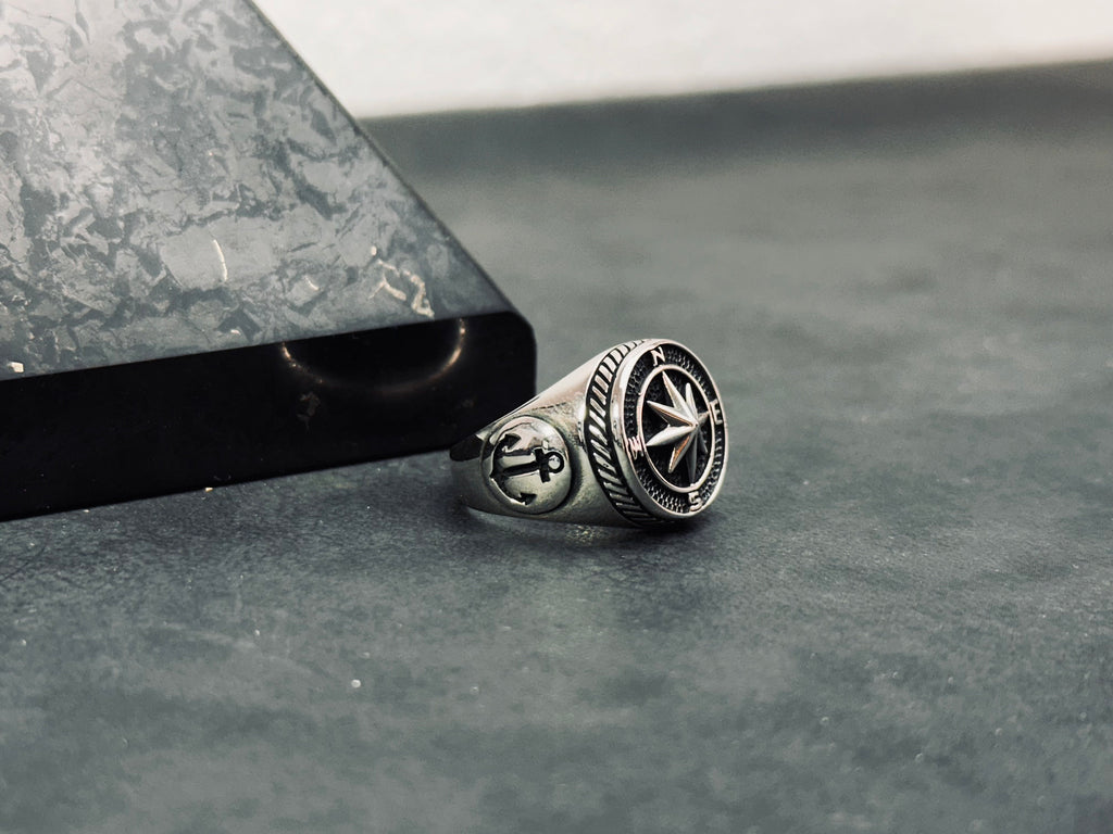 Sterling Silver Compass Ring: Handmade North Star Band