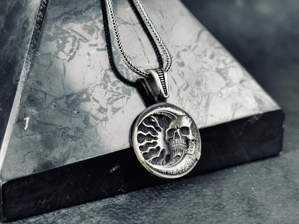 Silver Skull Moon Necklace: Gothic Jewelry (Pendant with Chain)