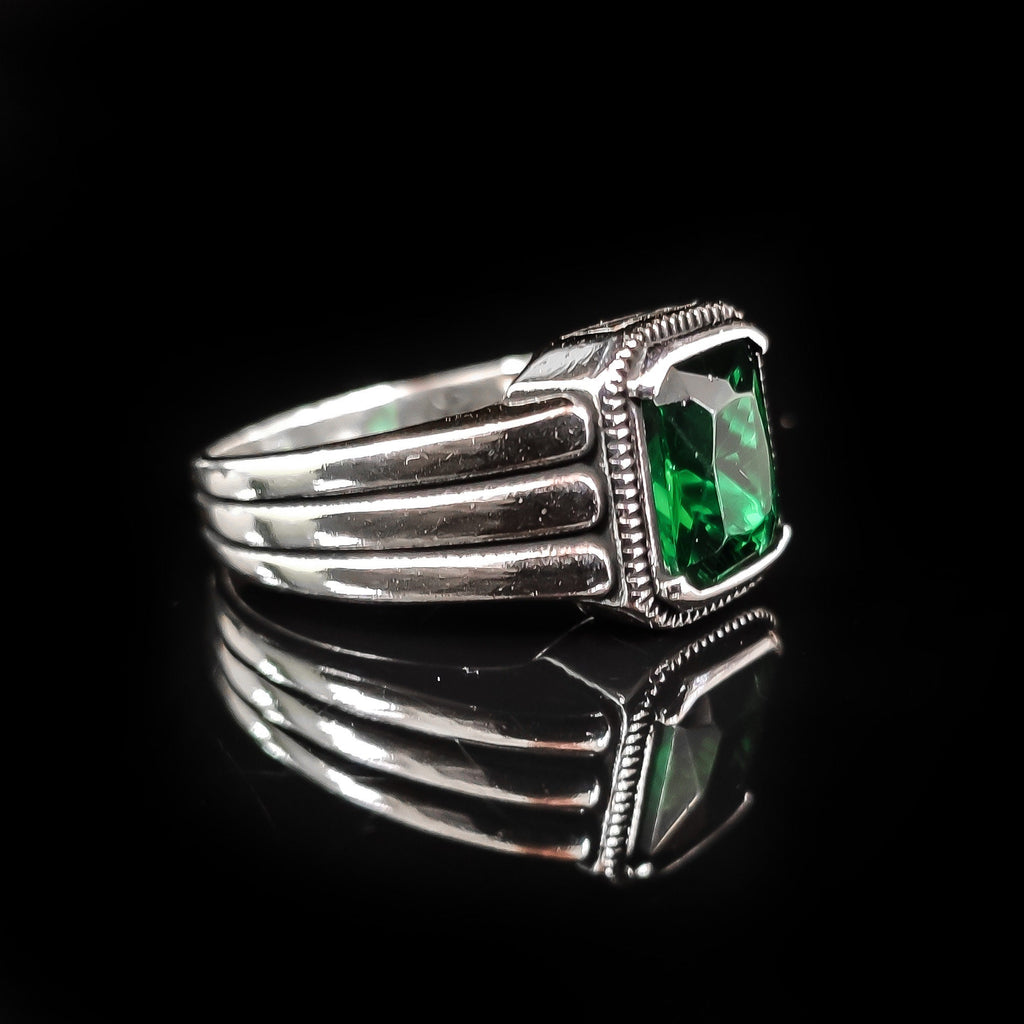 Men's Sterling Silver Ring - Red Zircon Baguette Stone