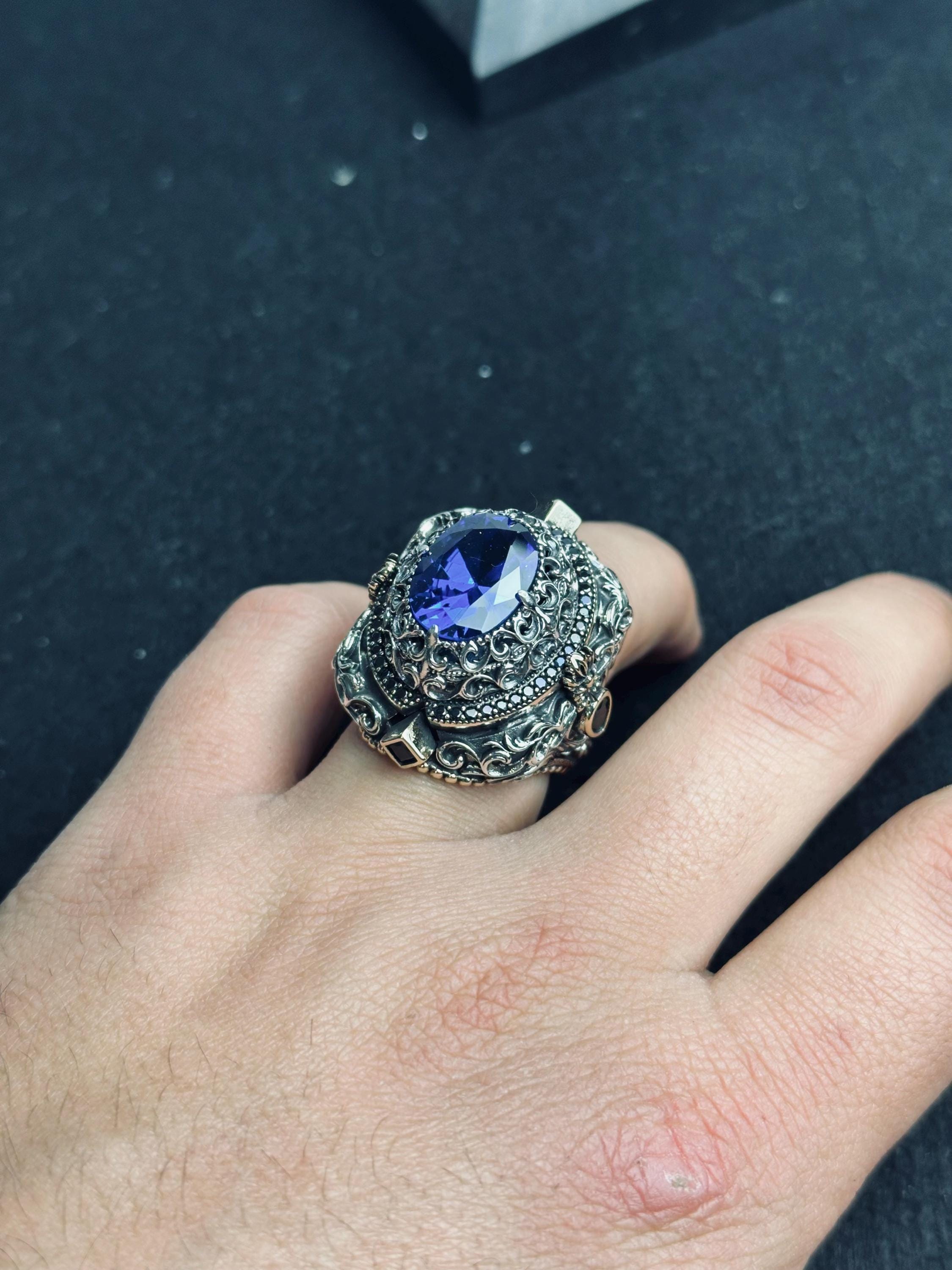 Blue Sapphire Ring 925 Sterling Silver Men Statement Ring Handmade Luxury Jewelry