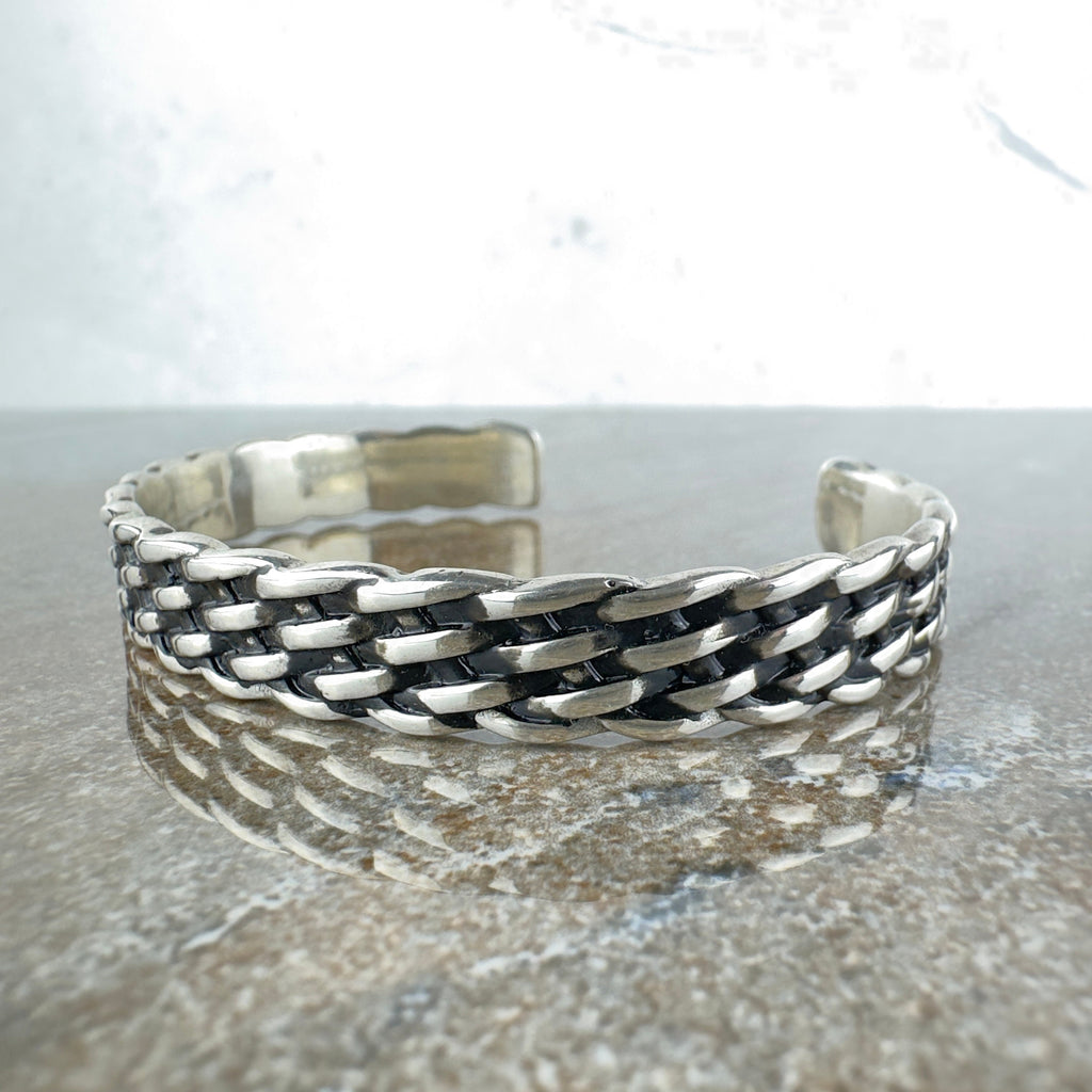 Silver Woven Cuff Bracelet - Adjustable Engraved Band