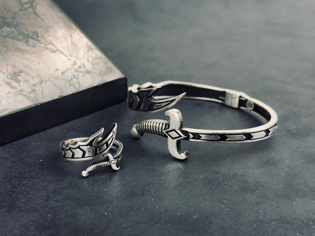 Sword Ring and Bracelet Set: Handcrafted Sterling Silver - Oxidized Finish