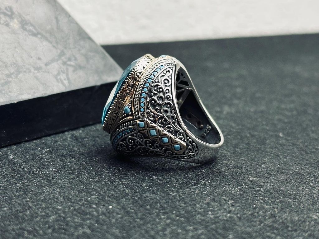 Aquamarine Silver Ring: Handmade Turkish Solomon Seal Design