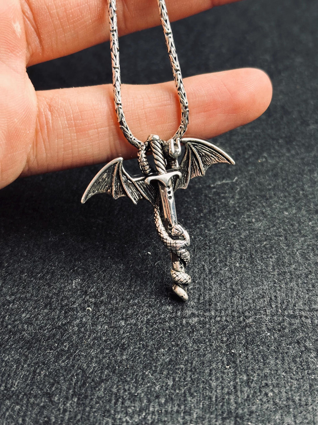 Bat Wing Sword Pendant: Gothic Sterling Silver Necklace