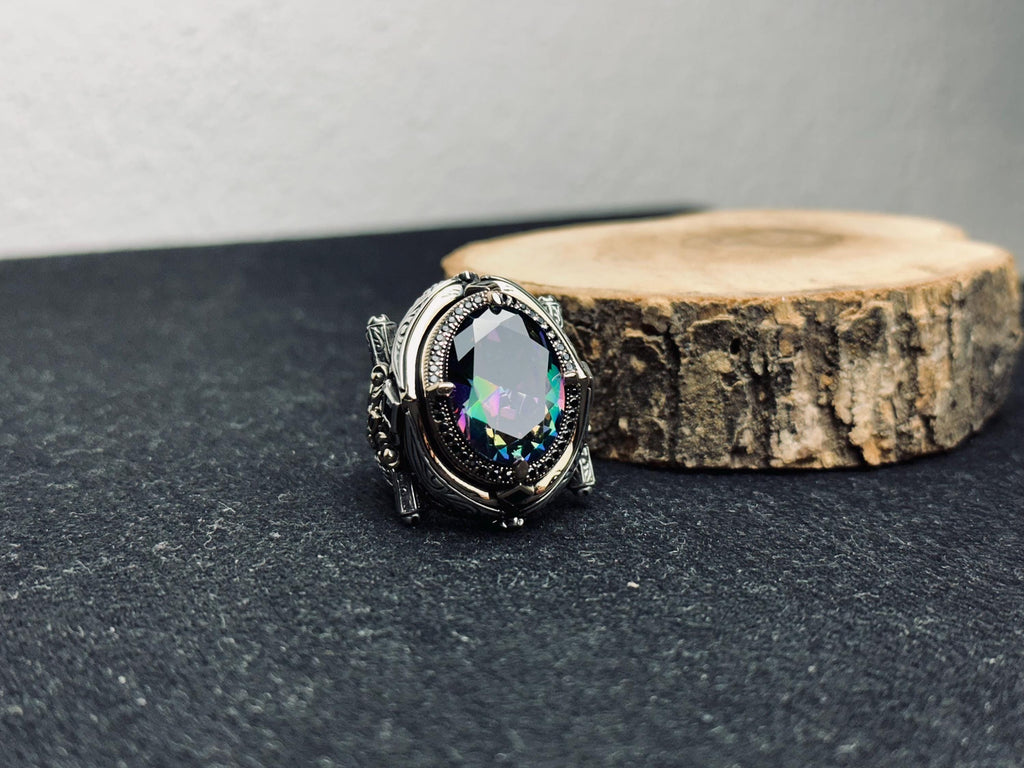 Men's Mystic Topaz Ring: Bold Silver Statement - Handmade in Turkey