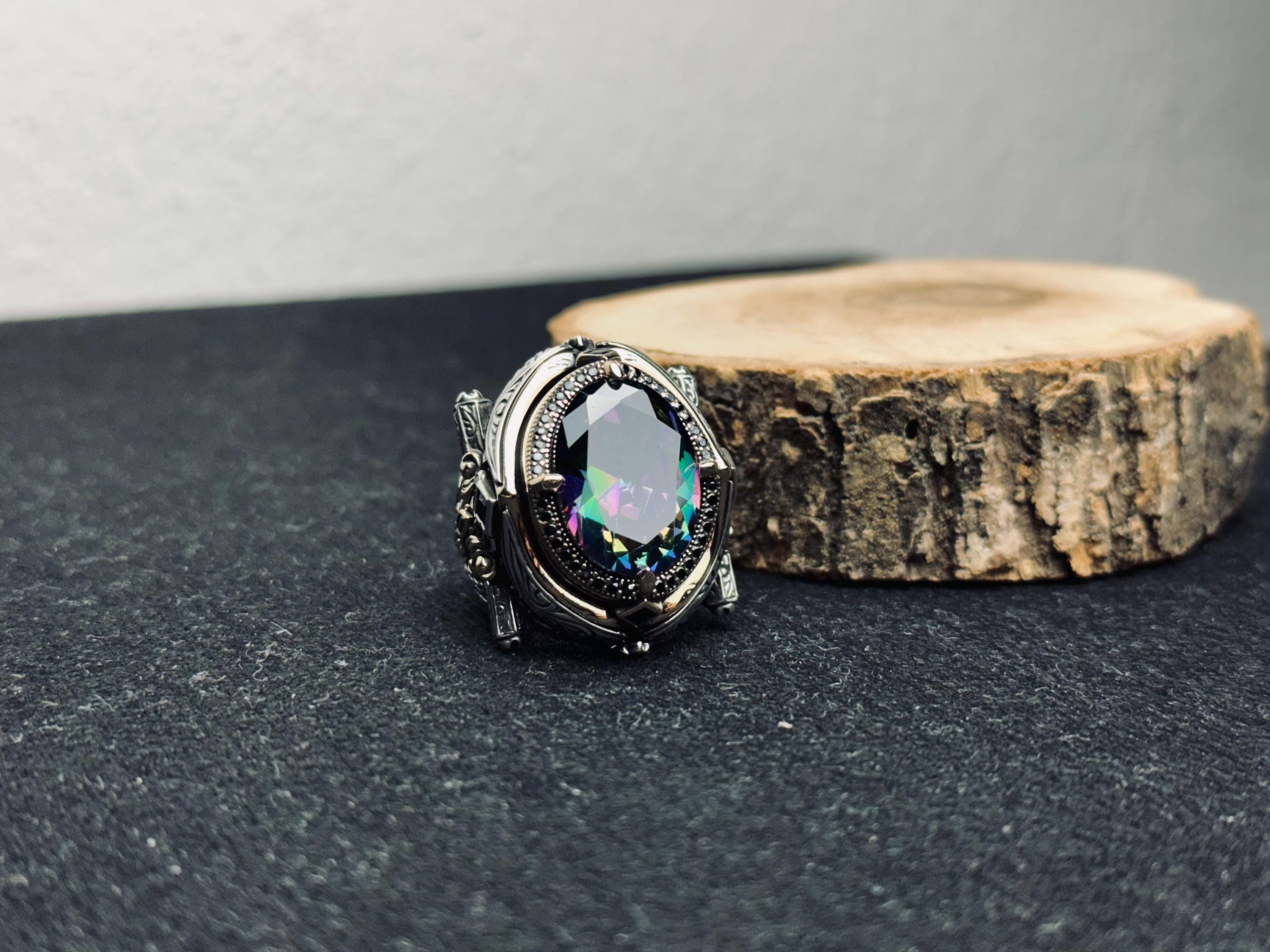 Men's Mystic Topaz Ring: Bold Silver Statement - Handmade in Turkey