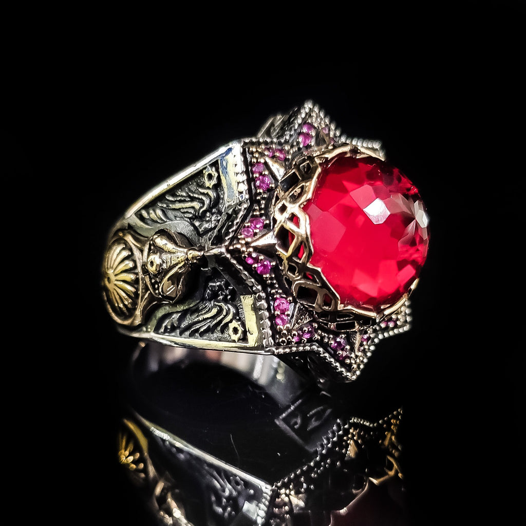 Ottoman Helmet Silver Ring, Red Zircon Accent (Men's Size)