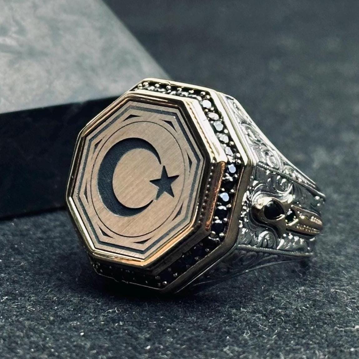 Turkish Silver Crescent-Star Ring, Ottoman Embossed (Handmade 925 Sterling)