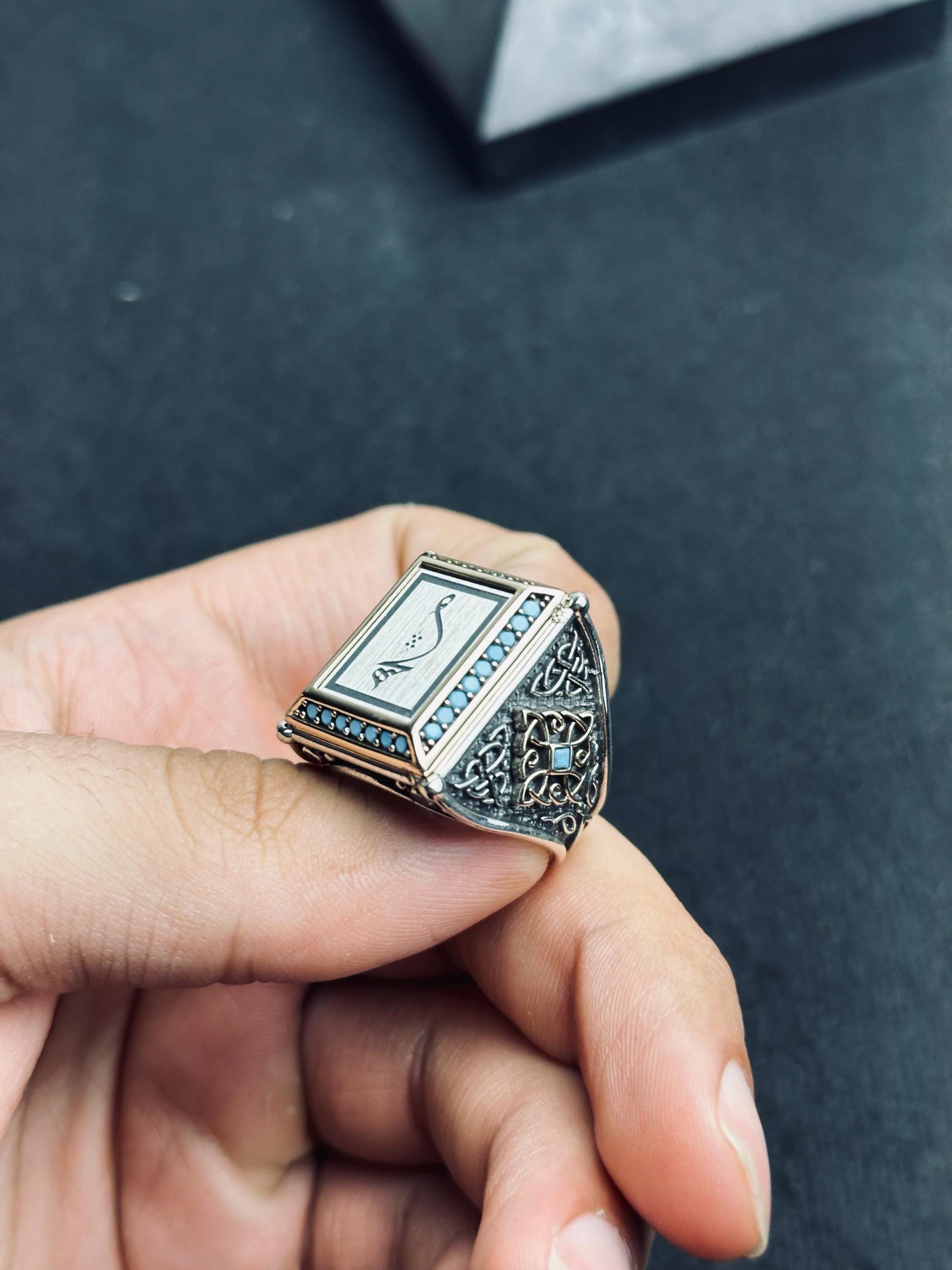 Arabic Calligraphy Silver Ring - Square Shape with Turquoise Detail