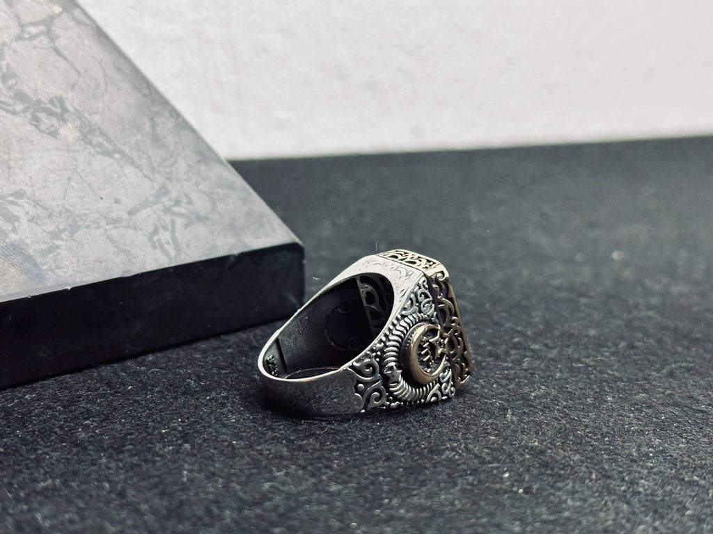Sterling Silver Signet Ring: Tiger Eye Gemstone - Ottoman Crescent Star