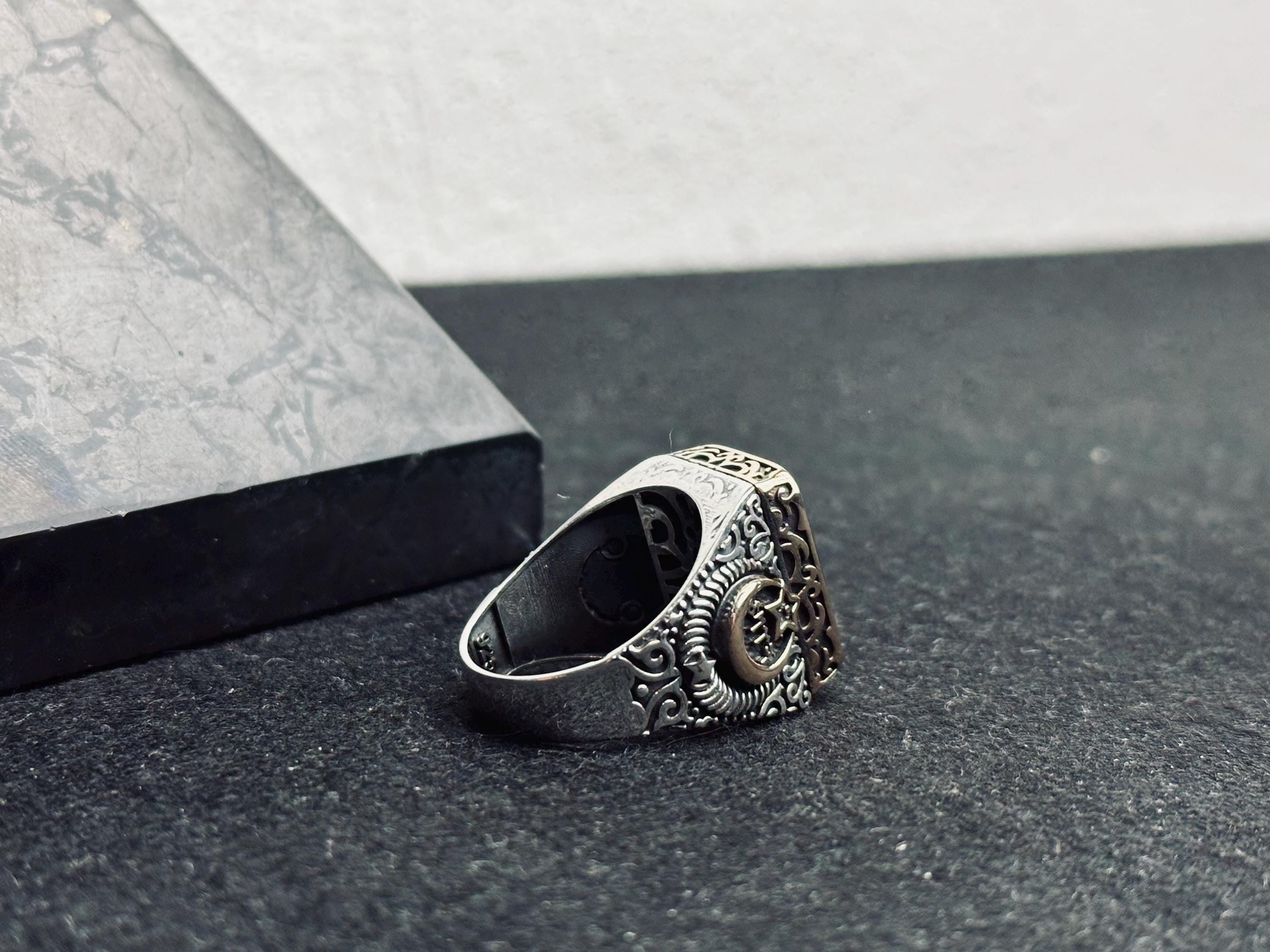 Sterling Silver Signet Ring: Tiger Eye Gemstone - Ottoman Crescent Star