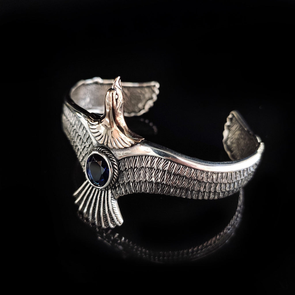 Sterling Silver Eagle Bracelet: Sapphire Stone, Handmade Men's Jewelry