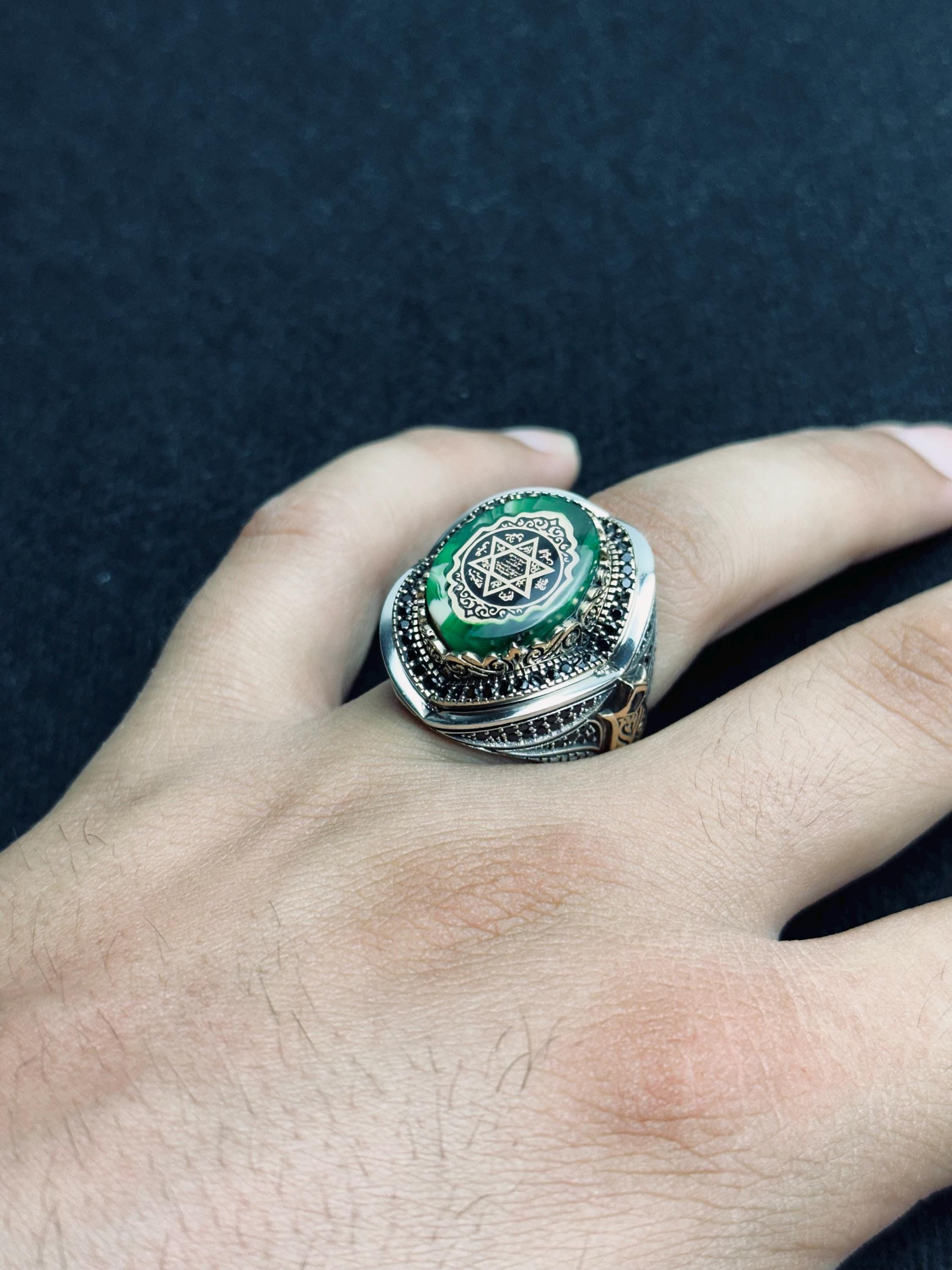 Solomon Seal Ring: Handmade Sterling Silver with Green Amber