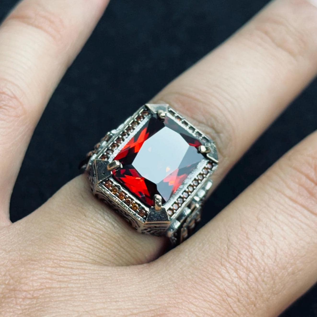 Men's Square Ruby Ring: Ottoman Inspired Design (Sterling Silver)