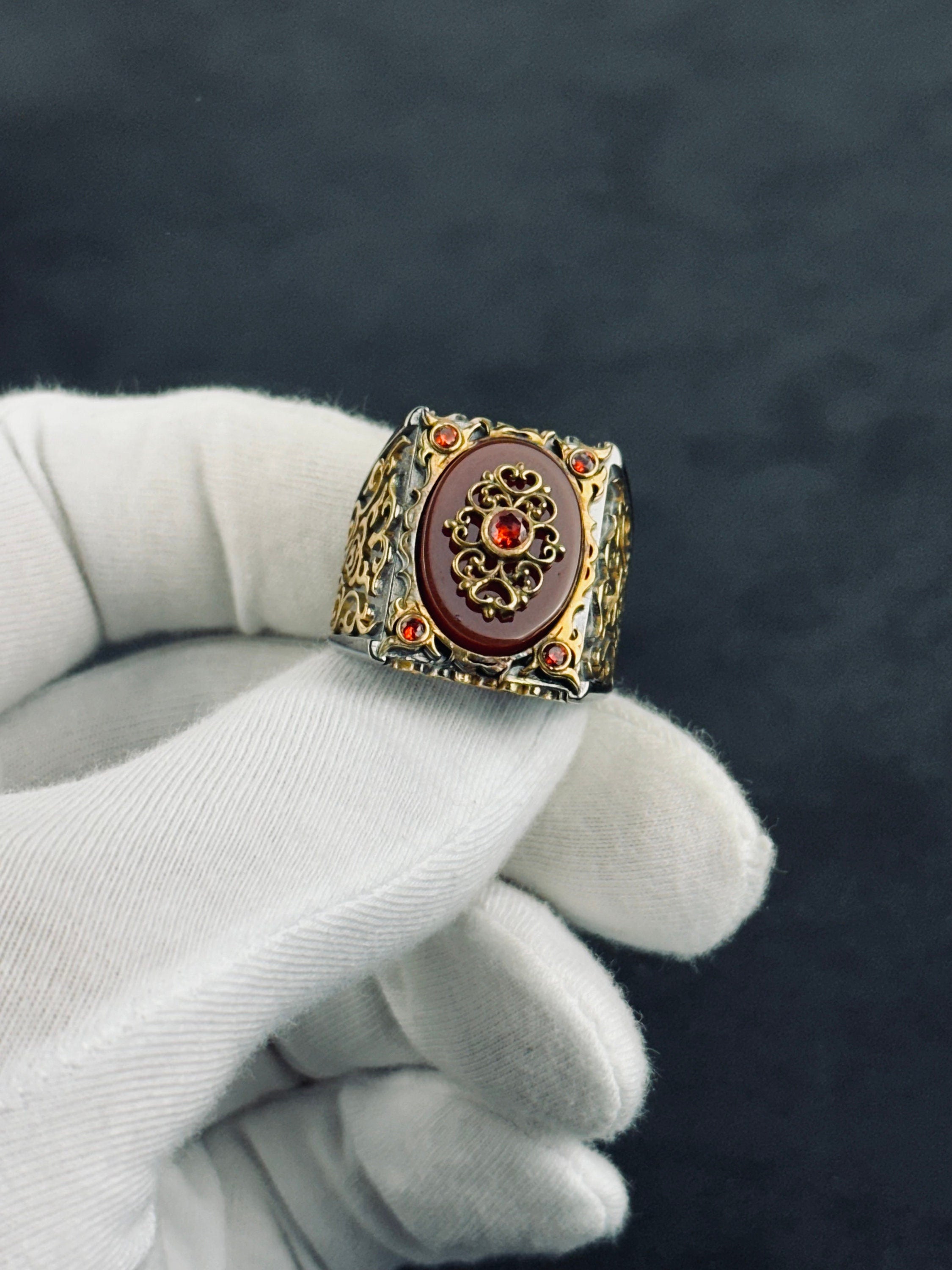 Red Aqeeq Ring: Handmade Sterling Silver (Engraved, Zirconium Accent)