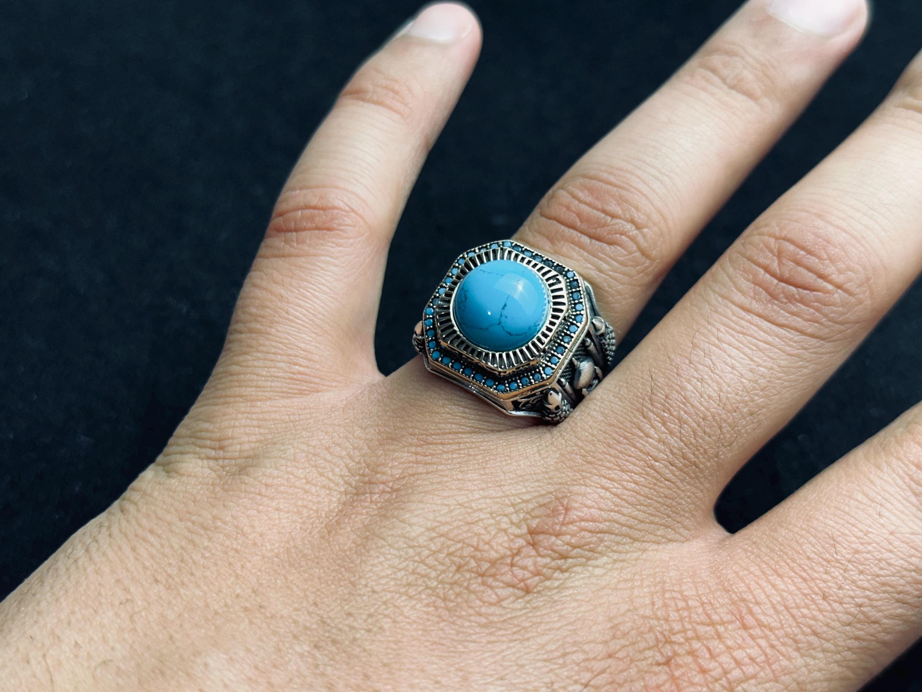 Turquoise Men's Ring: Mosque Engraved Sterling Silver Statement
