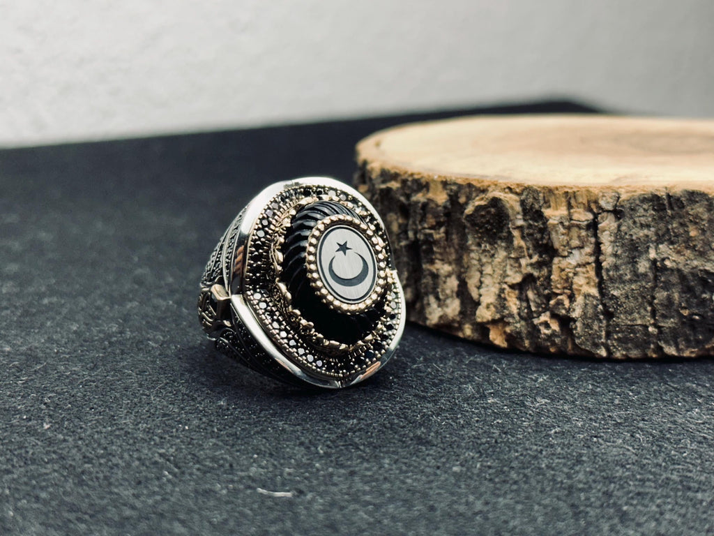Men's Sterling Silver Ring: Turkish Moon Star - Handmade Oval Band