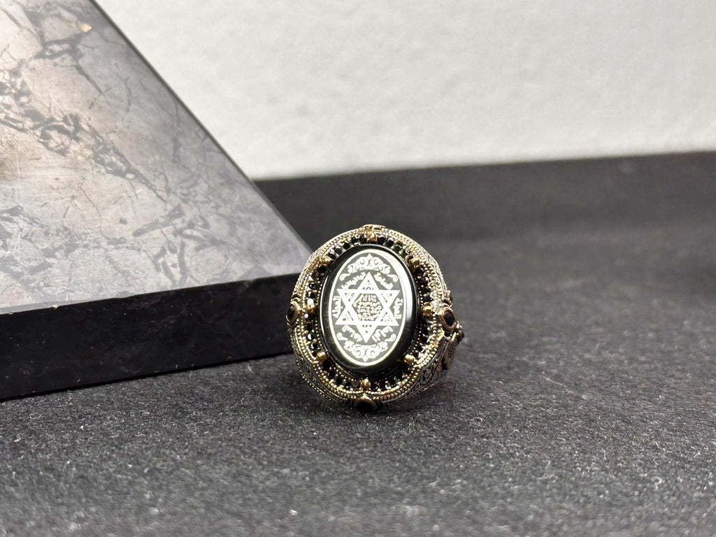 Sterling Silver Solomon Seal Ring - Amber Stone Protection