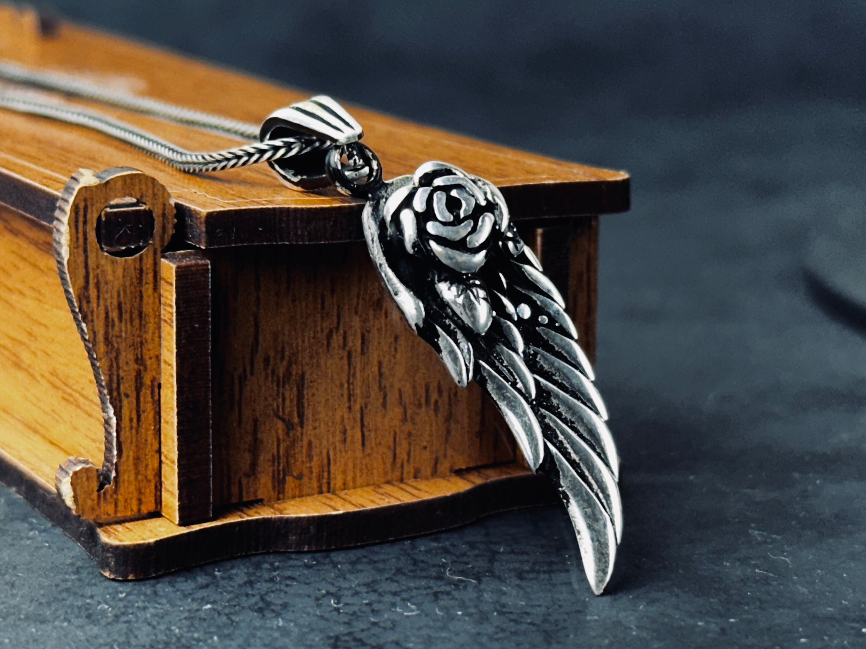 Silver Rose Wing Necklace - Handmade Pendant with Chain