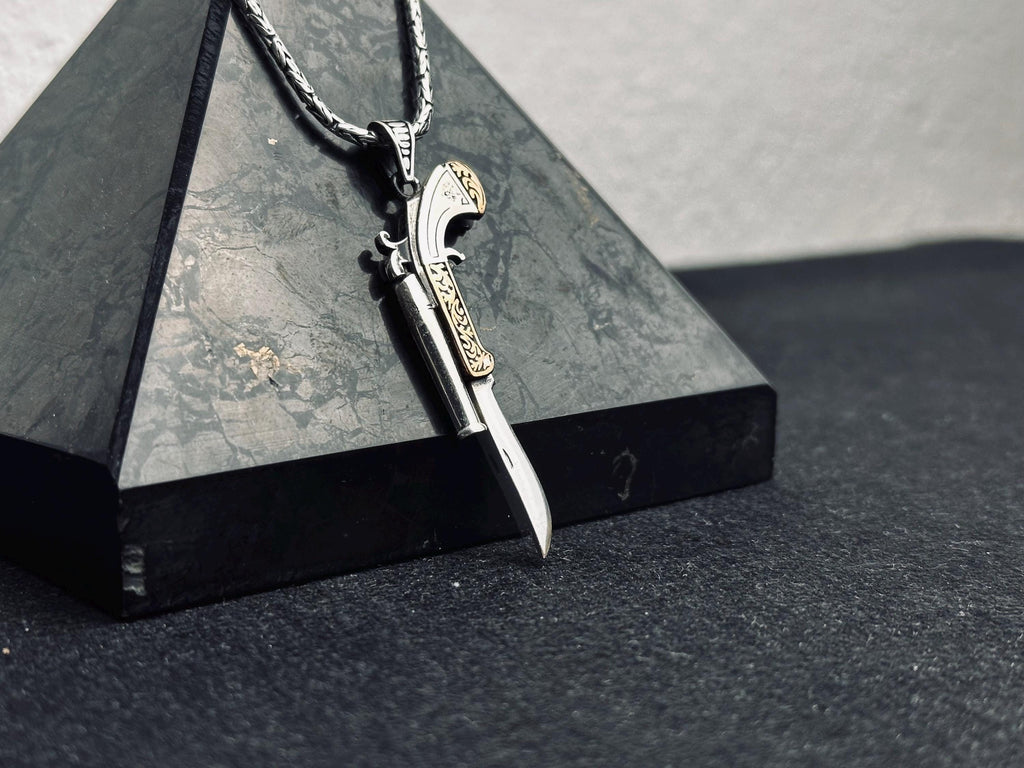 Sterling Silver Revolver Necklace - Cowboy Pistol with Folding Knife Charm