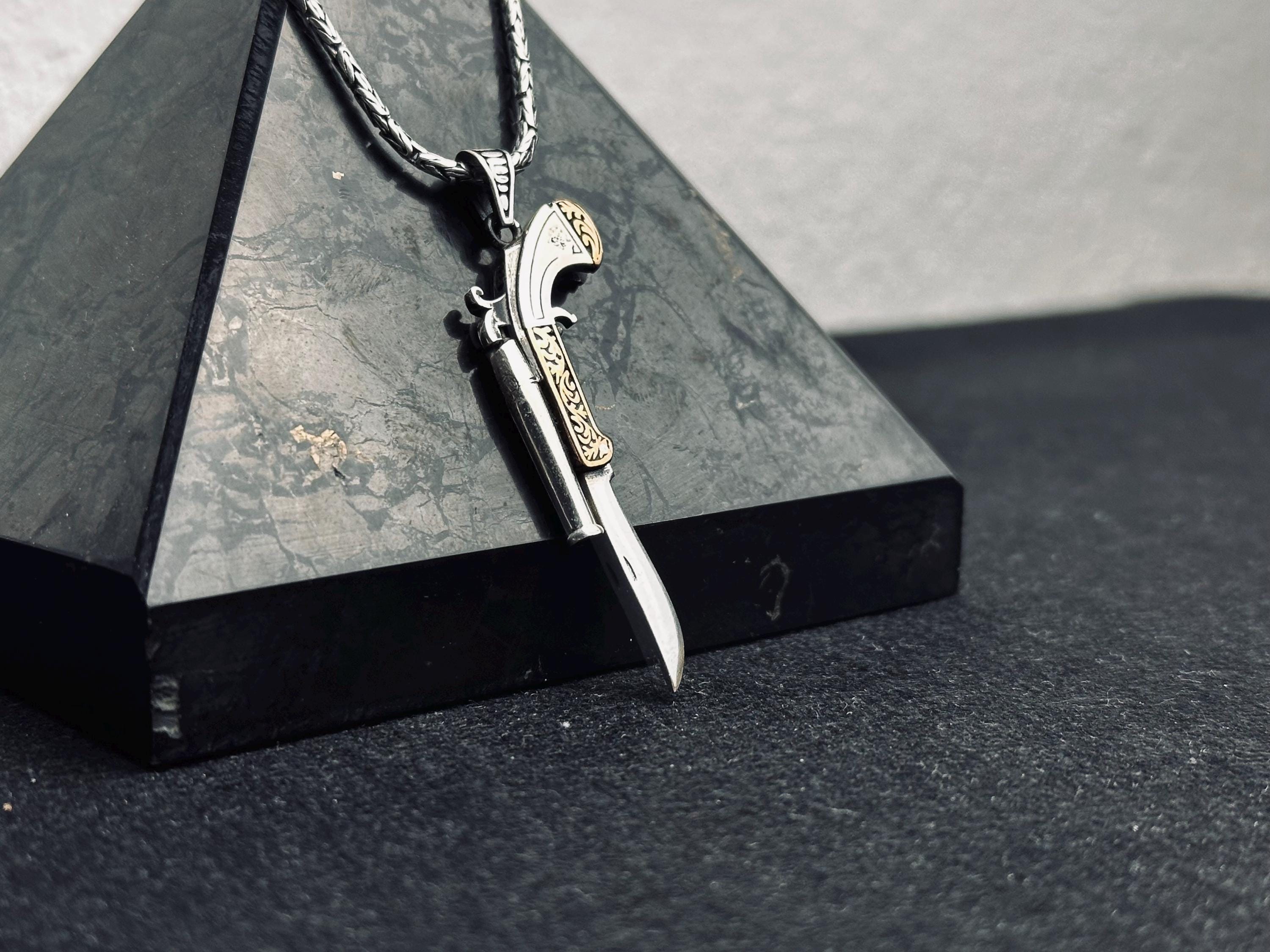 Sterling Silver Revolver Necklace - Cowboy Pistol with Folding Knife Charm