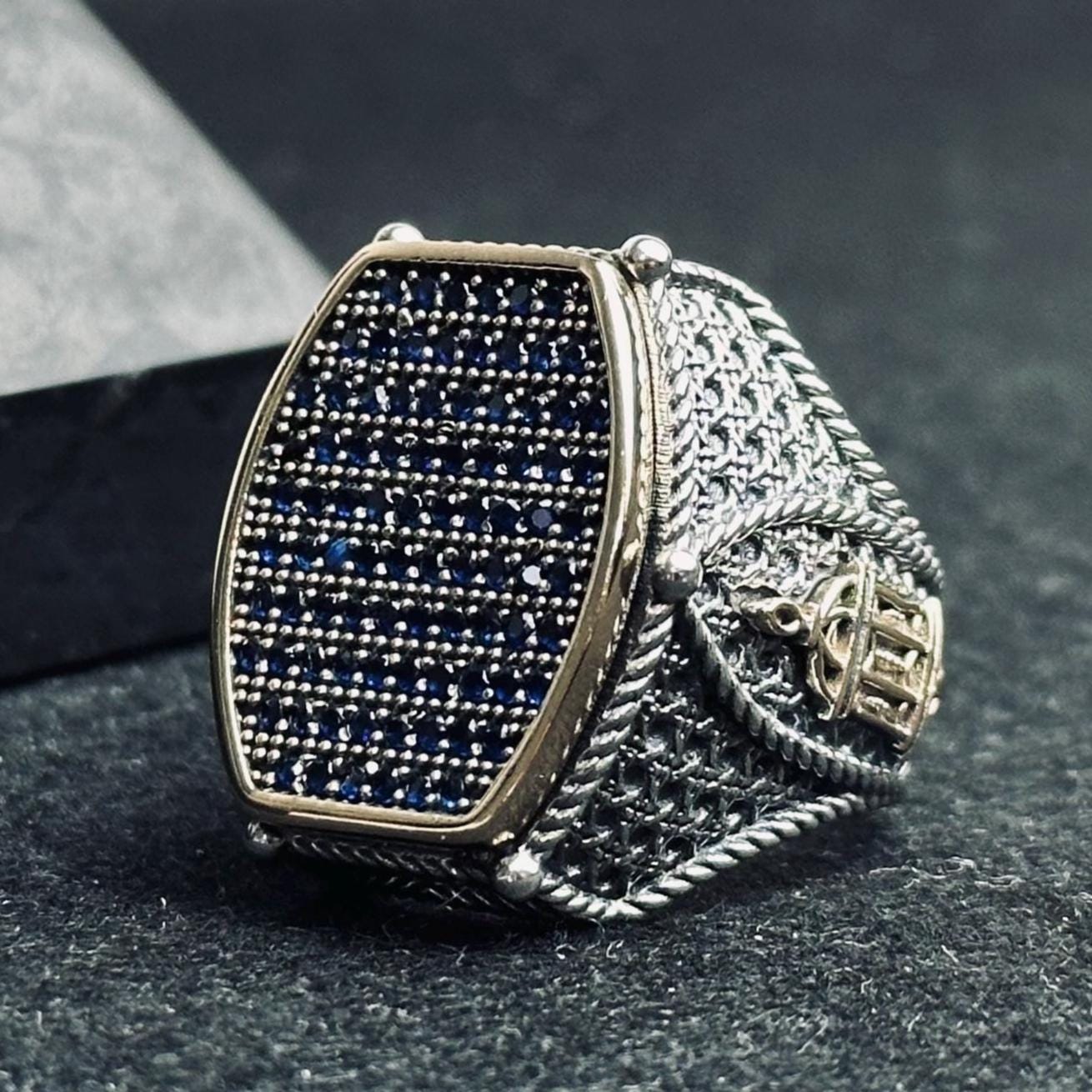 Geometric Men's Silver Ring - Blue Zircon Inset, Handmade