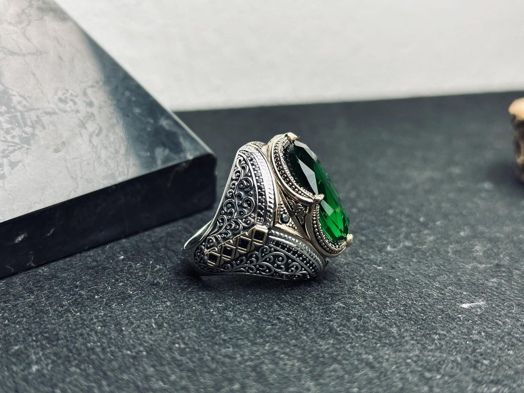 Emerald Islamic Ring: Sterling Silver, Quran Verse, Handmade