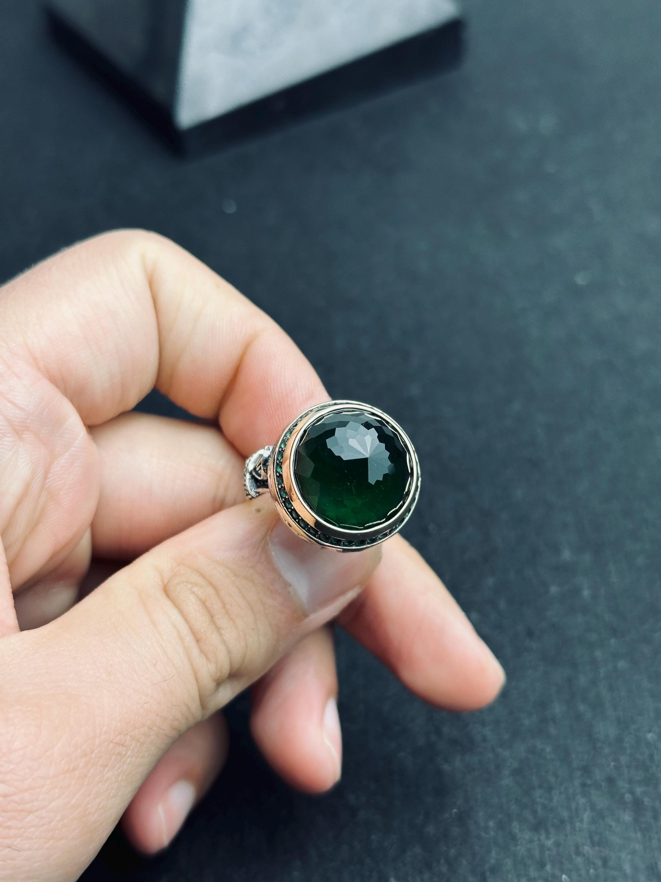 Round Green Emerald Ring - Minimalist Sterling Silver Handmade