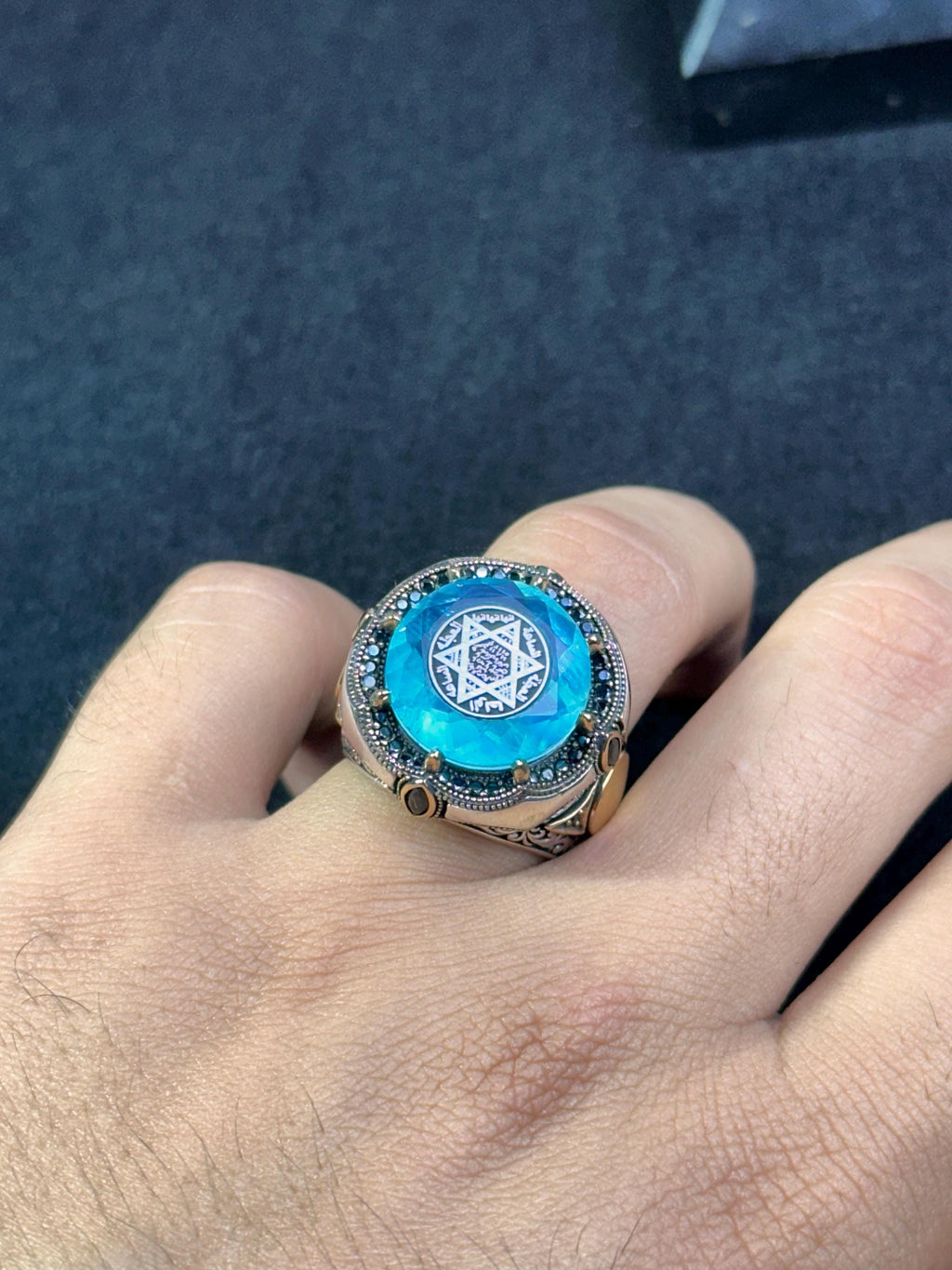 Sterling Silver Seal of Solomon Ring: Paraiba Tourmaline Gemstone