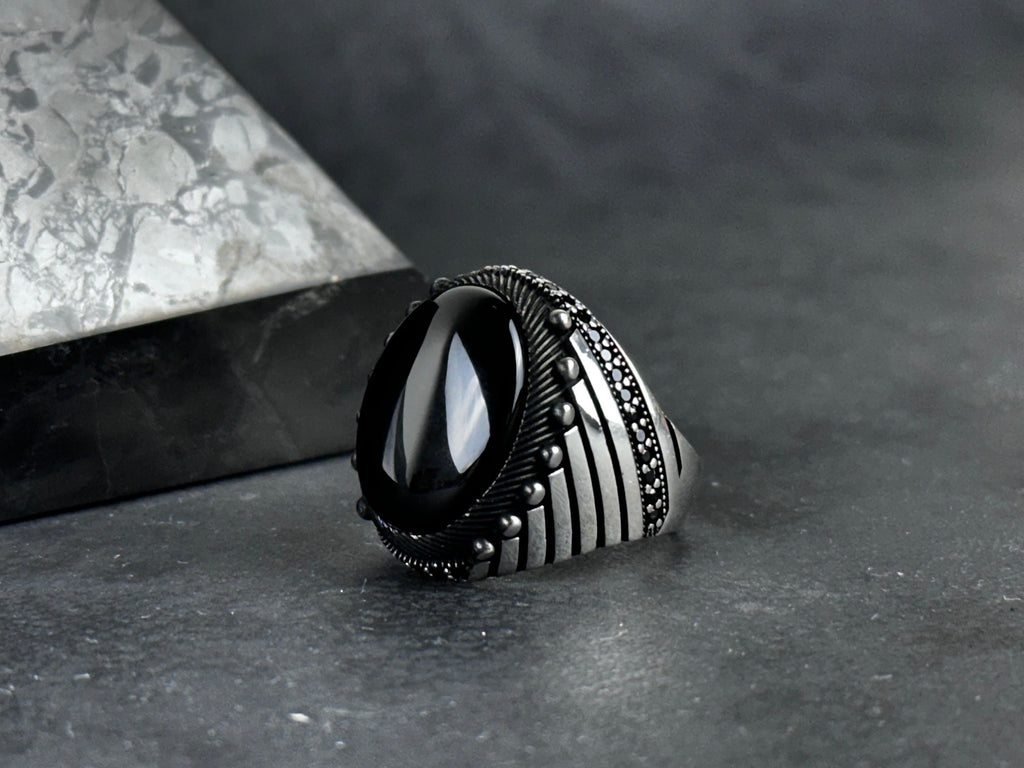 Onyx Ring: Sterling Silver Statement Jewelry (Nebula Cut Stone)