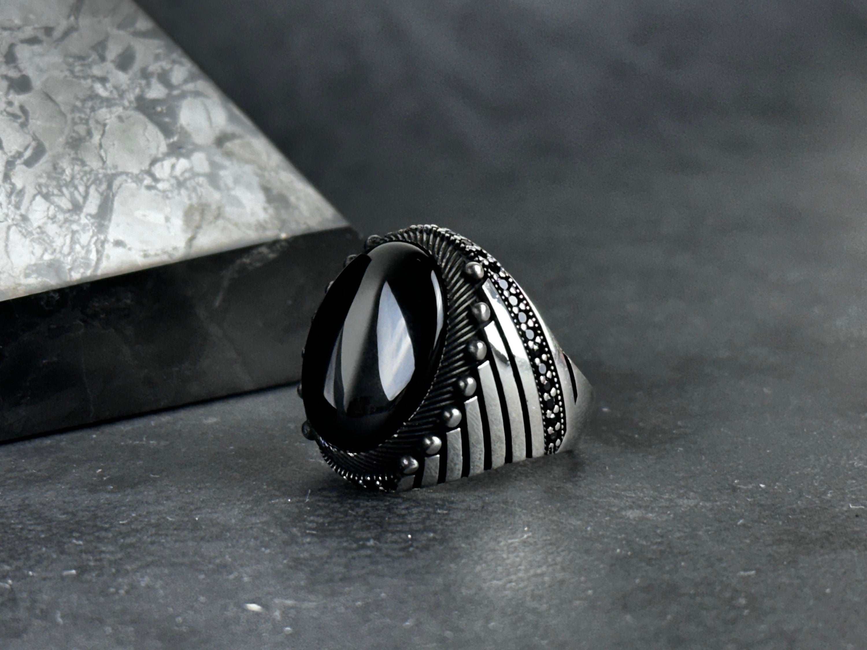 Onyx Ring: Sterling Silver Statement Jewelry (Nebula Cut Stone)
