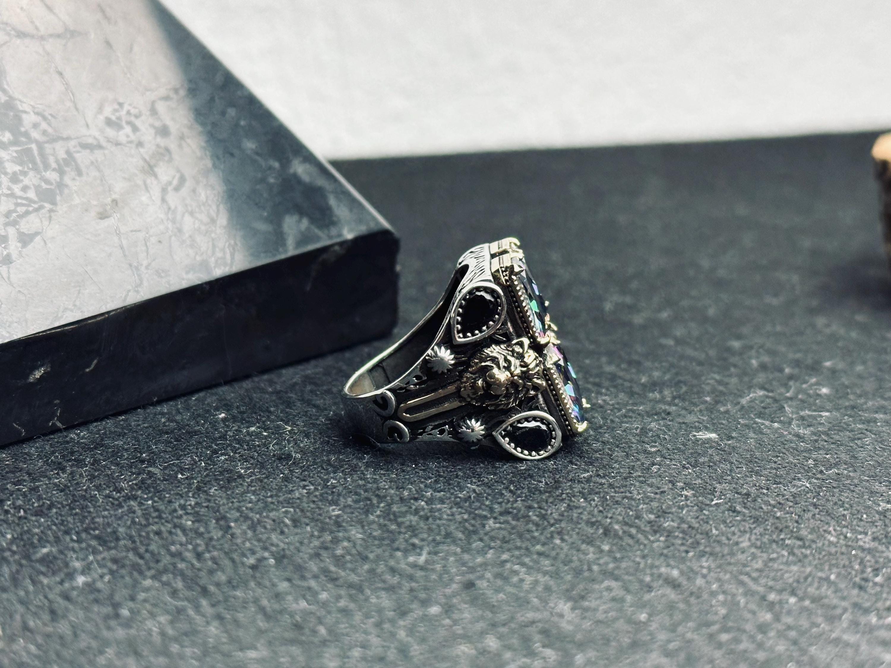 Men’s Lion Ring, Sterling Silver, Mystic Topaz Stones (Bold Statement)
