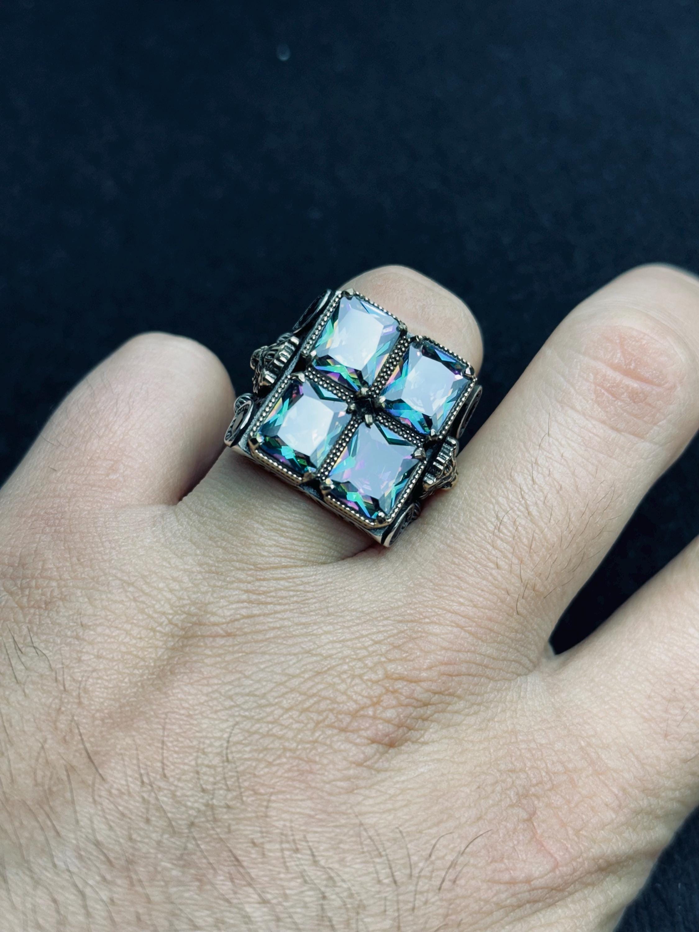 Men’s Lion Ring, Sterling Silver, Mystic Topaz Stones (Bold Statement)
