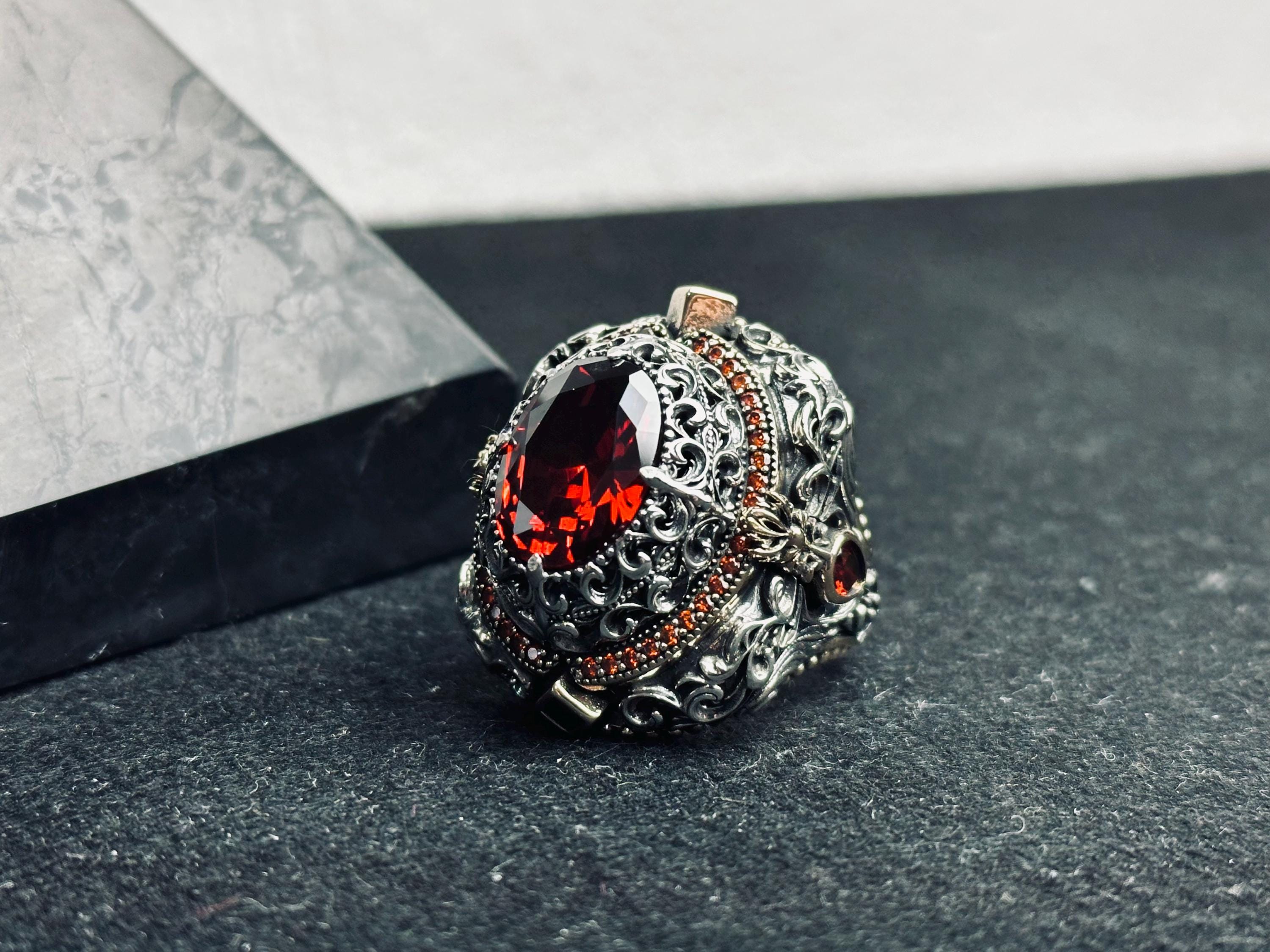 Ruby Ring, 925 Sterling Silver Victorian Filigree Statement Ring