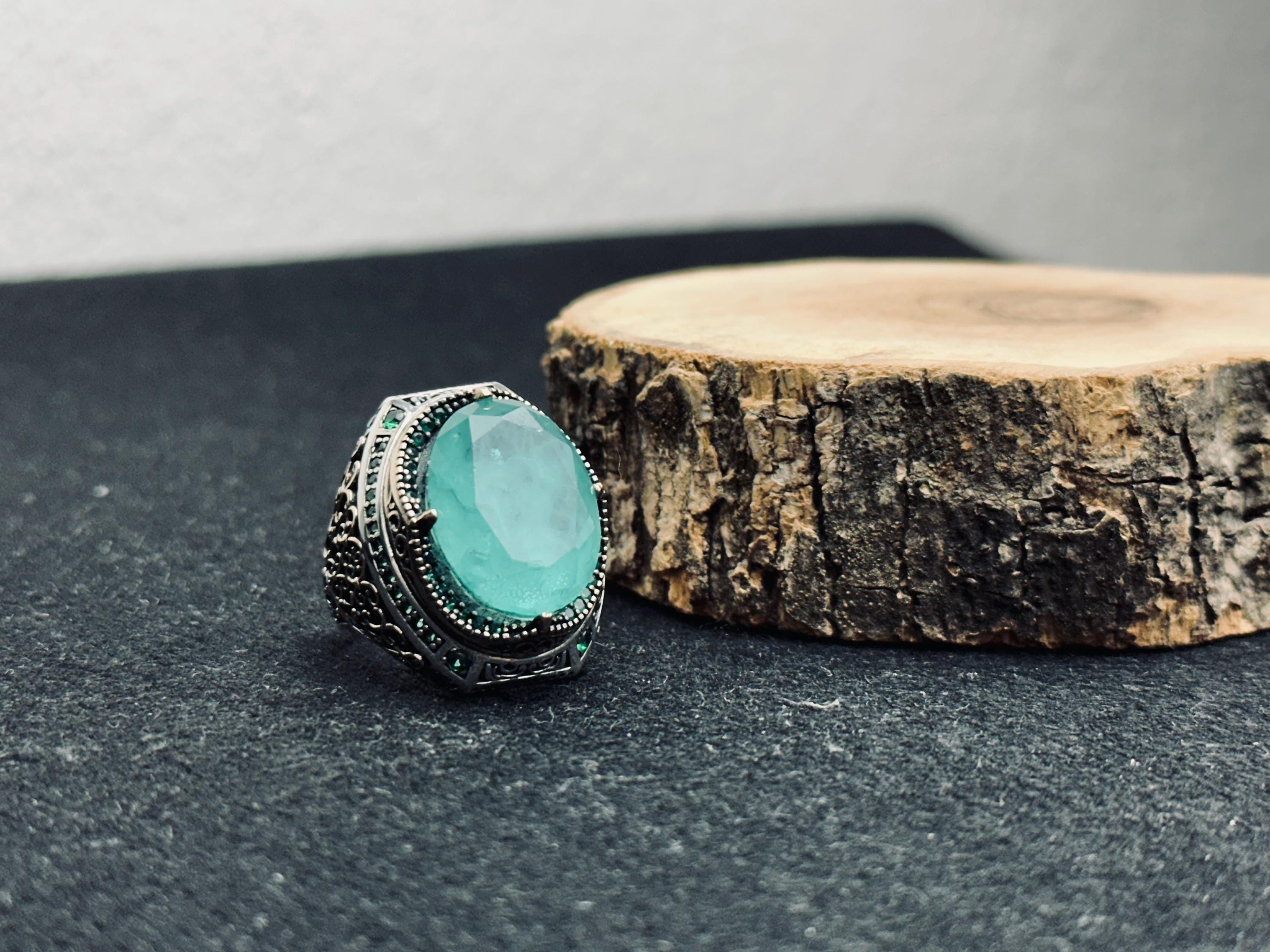 Turkish Aquamarine Ring, Sterling Silver Light Blue (Men's Size)
